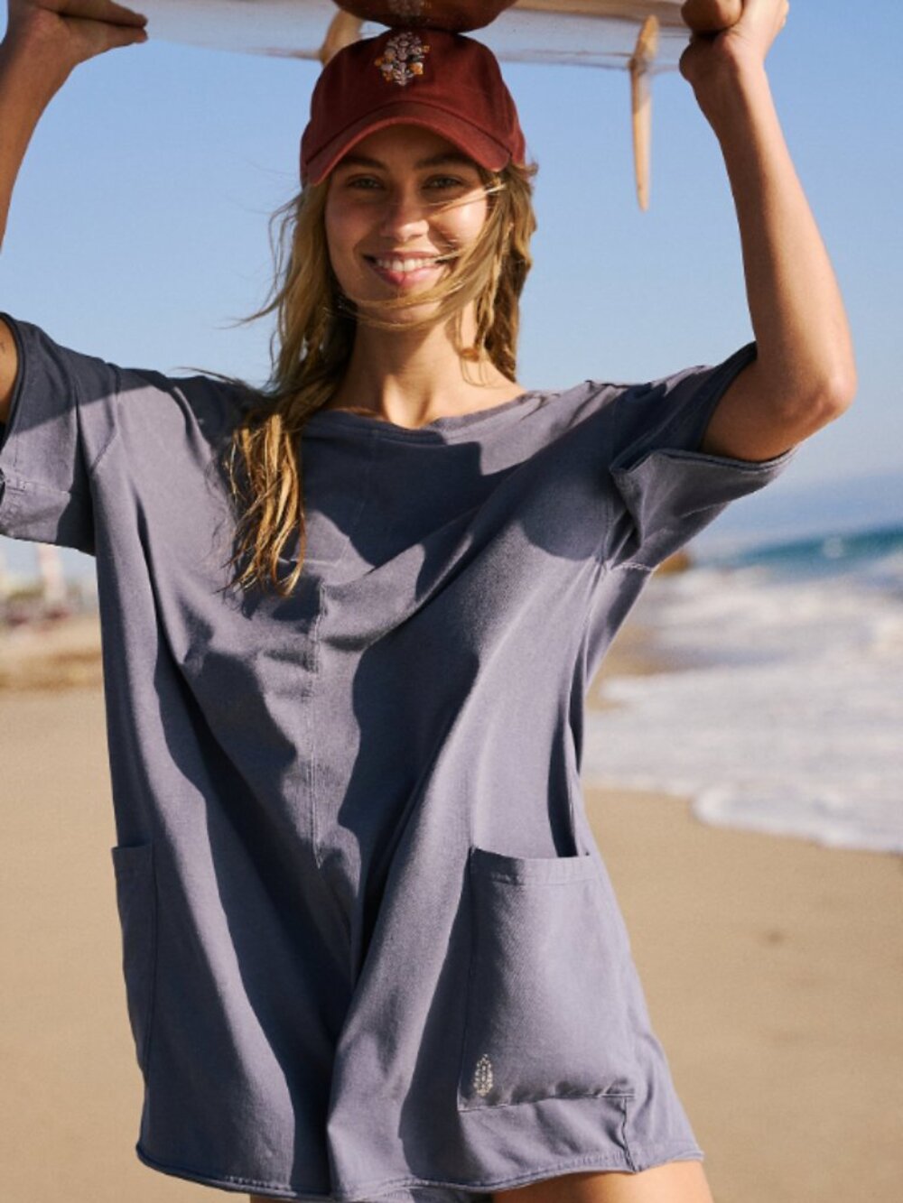 Free People Slate Blue Short Sleeve Romper